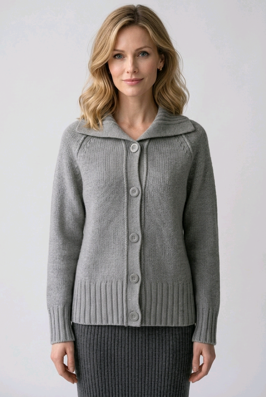 Woman wearing a grey cardigan 