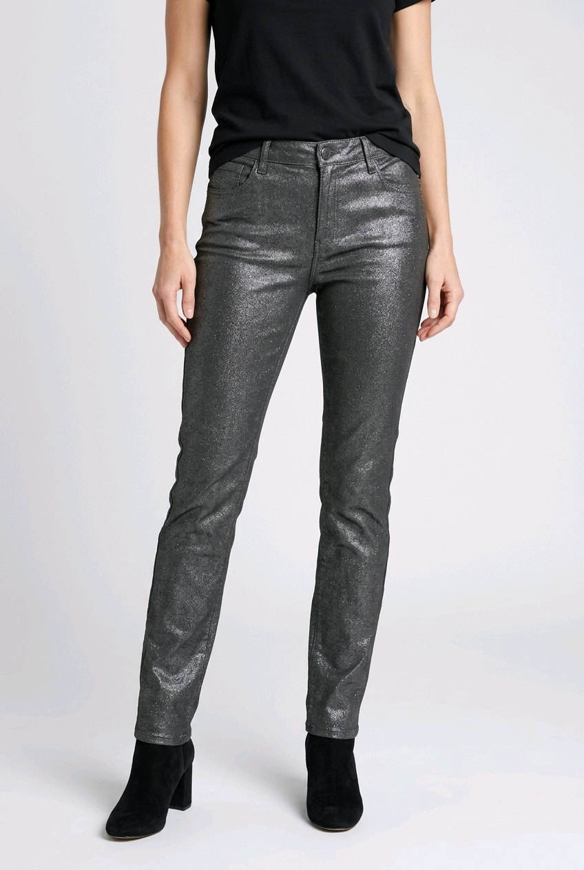 Person wearing shiny grey jeans