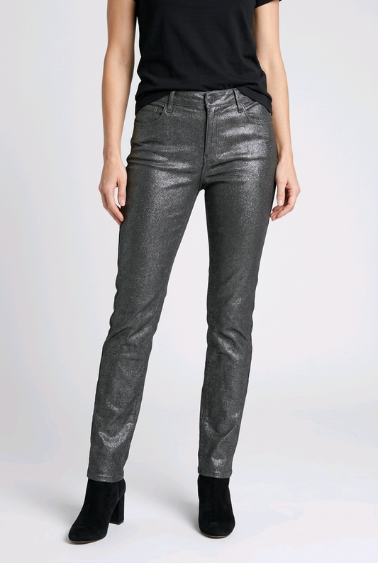 Person wearing shiny grey jeans