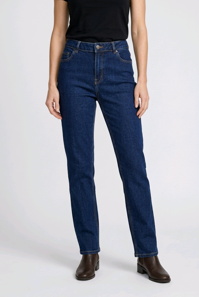 woman wearing blue jeans on a white background