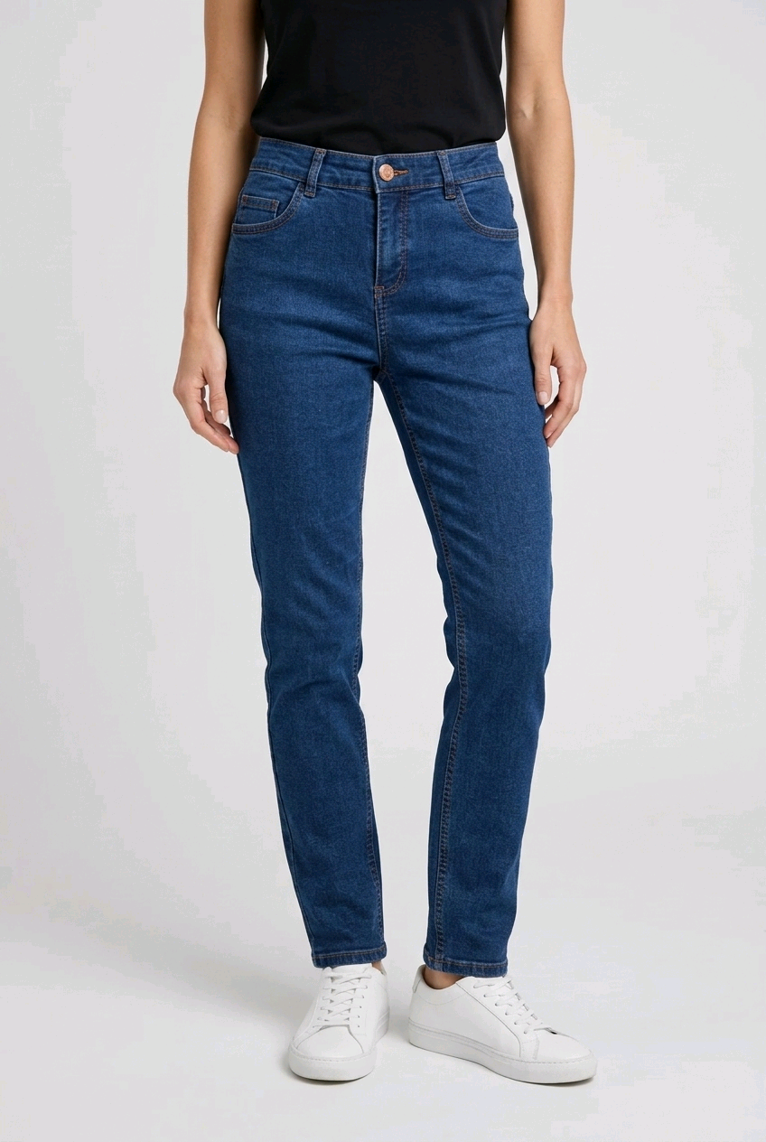 woman wearing blue jeans and white trainers on a plain background