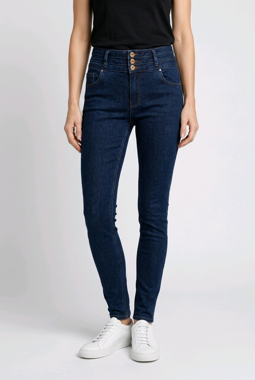 woman wearing dark blue jeans and white trainers on a plain background