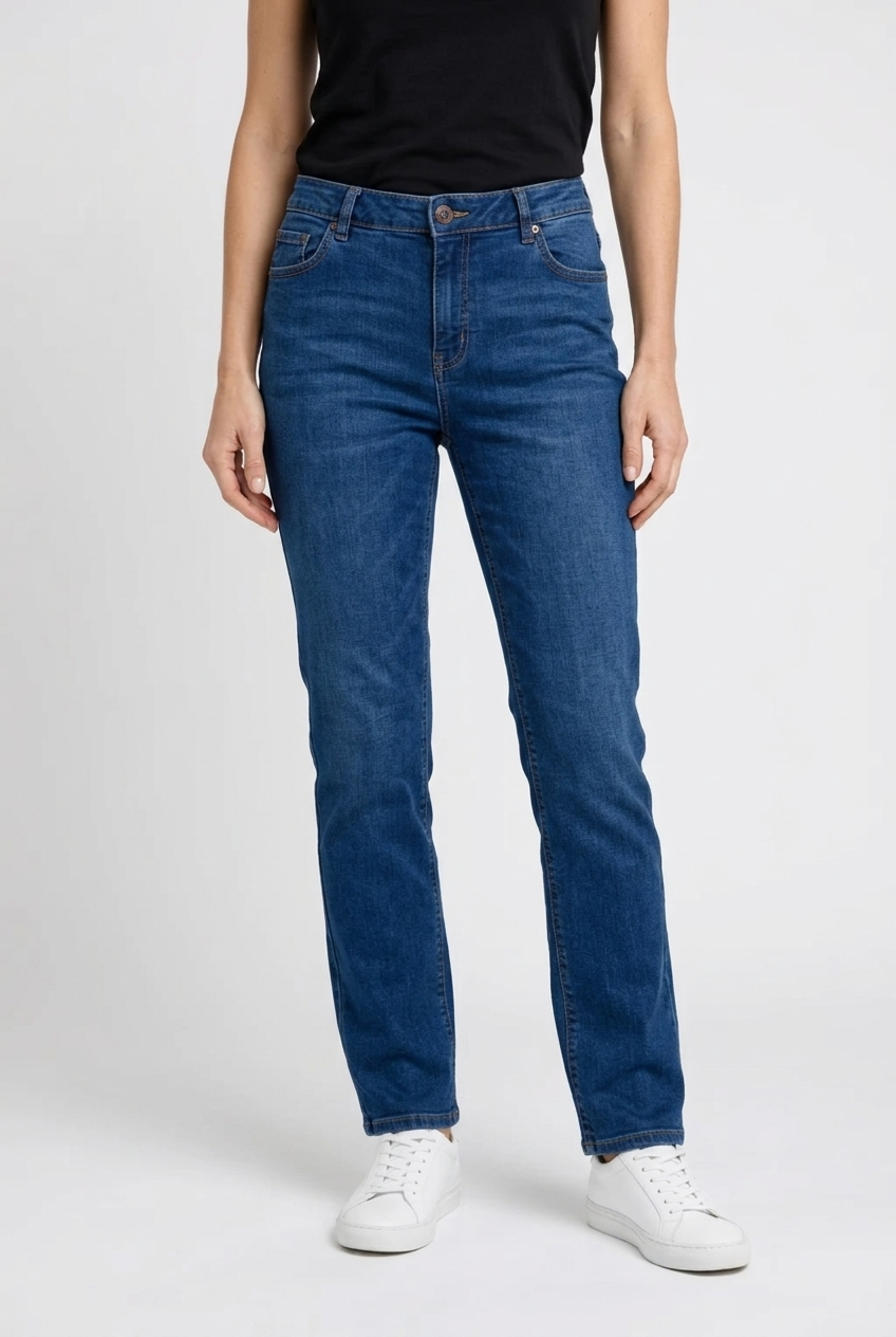 woman wearing blue jeans and white trainerson a plain background