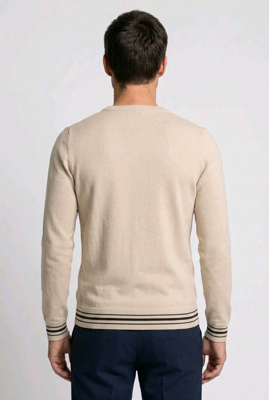 Man wearing a beige sweater with black stripes on a white background