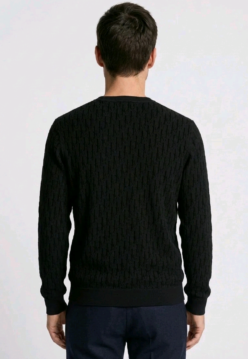 Person wearing a black cable knit sweater on a white background