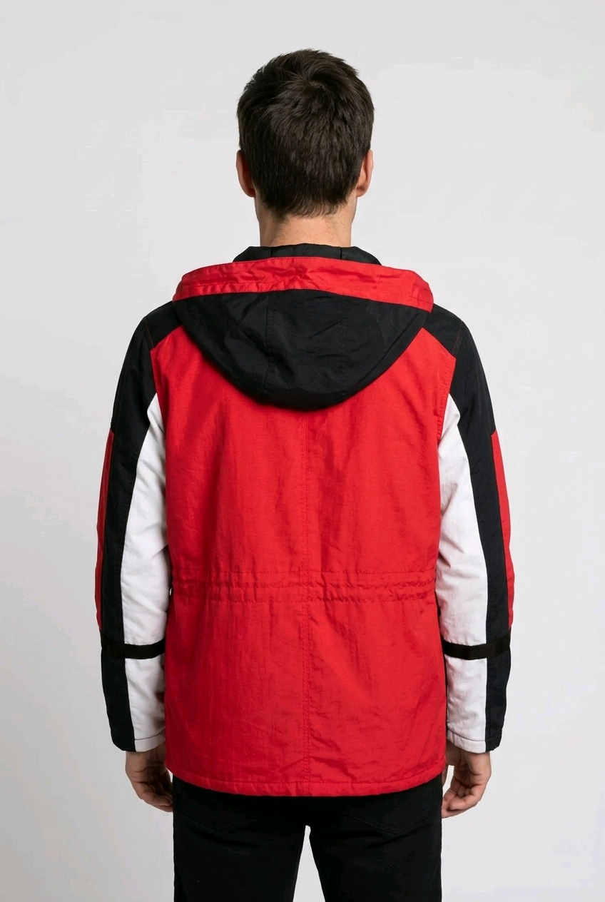  red and black jacket with white sleeves 