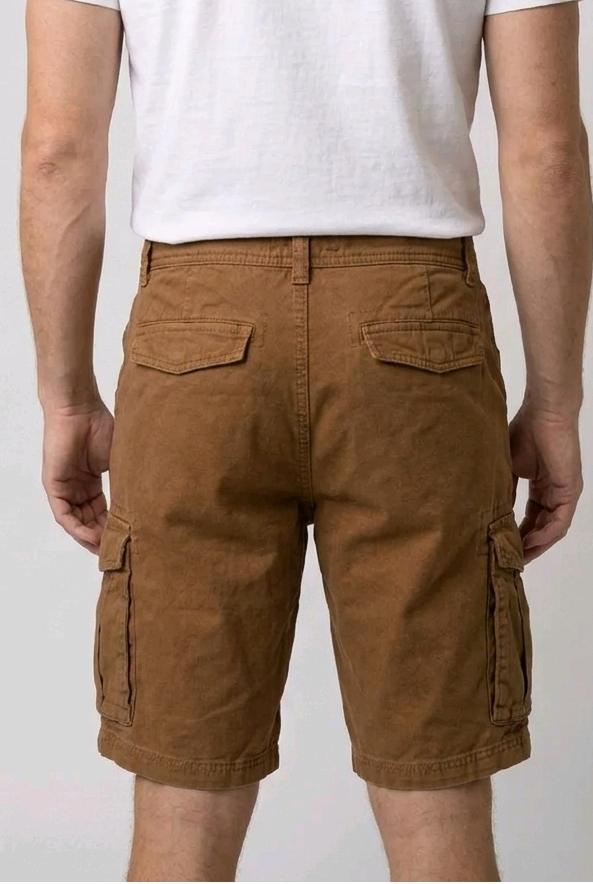 white t-shirt and brown cargo shorts back view