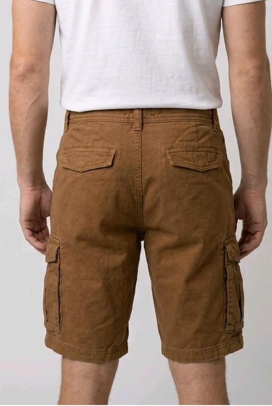 white t-shirt and brown cargo shorts back view