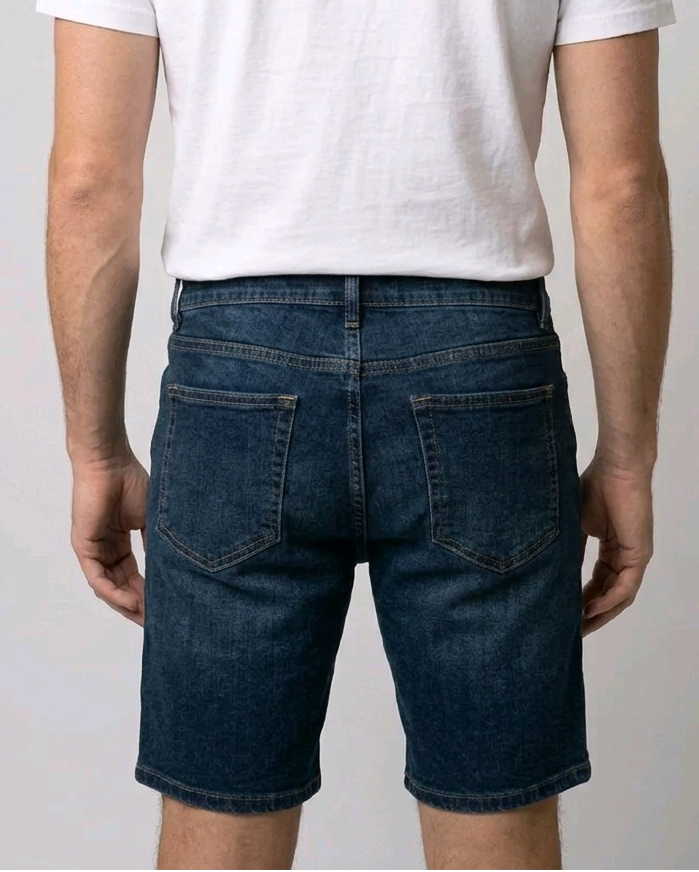 white t-shirt and blue denim shorts back view