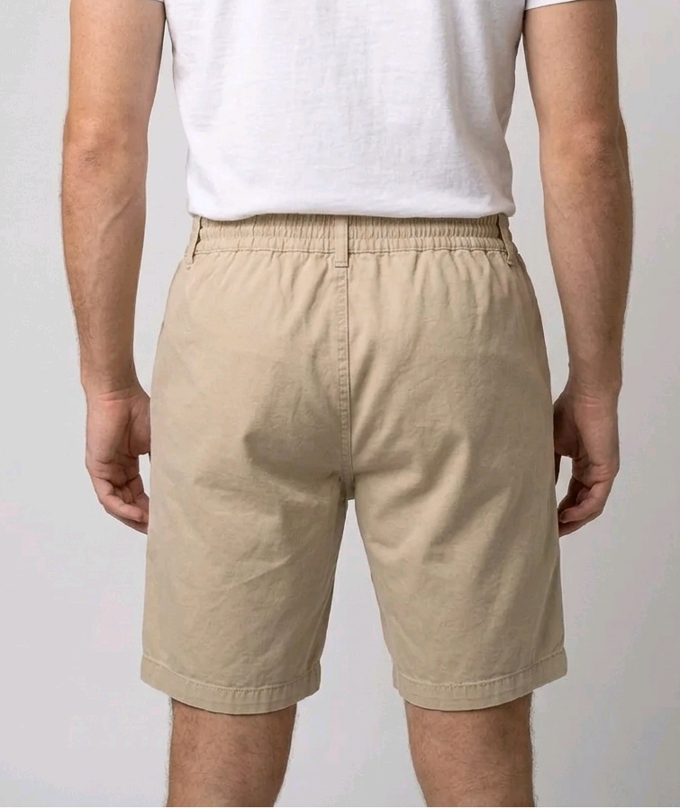 white t-shirt and beige shorts back view