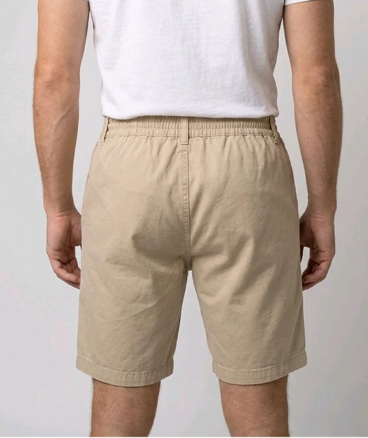 white t-shirt and beige shorts back view