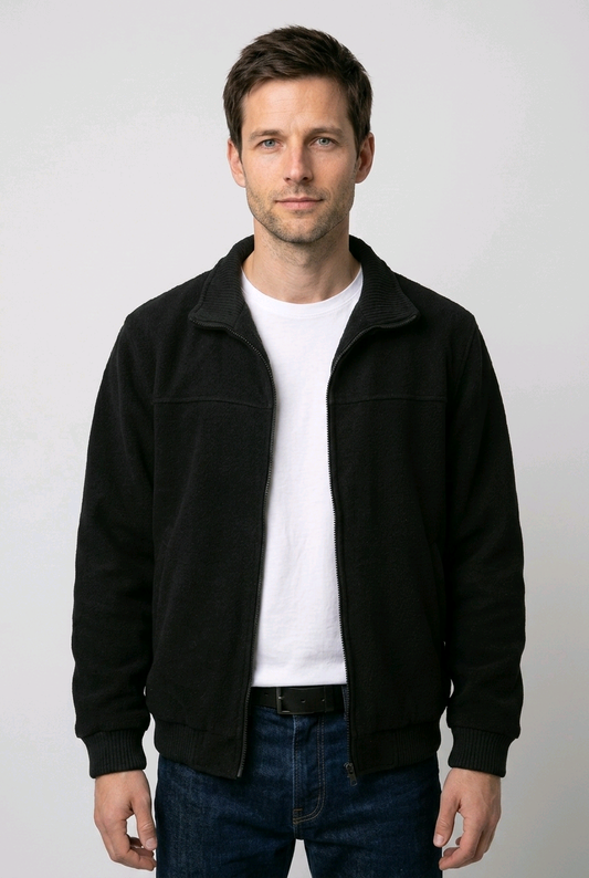 Man wearing a black jacket over a white shirt 