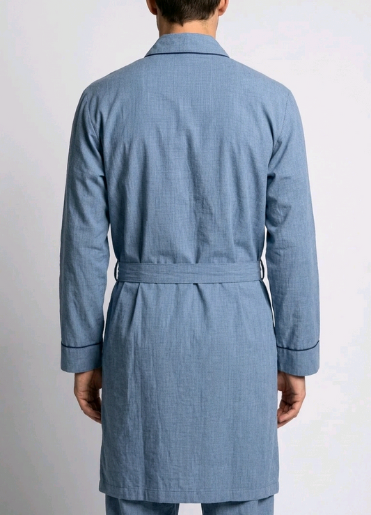 Person wearing a blue dressing gown