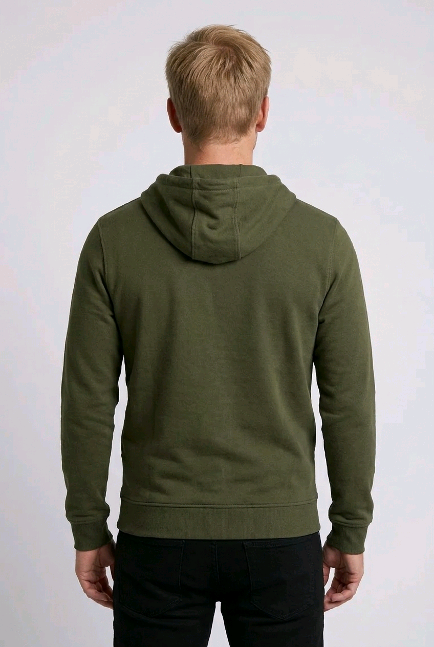 Back view of dark olive hoodie back view