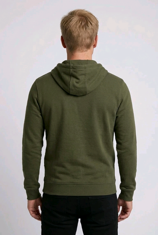 Back view of dark olive hoodie back view