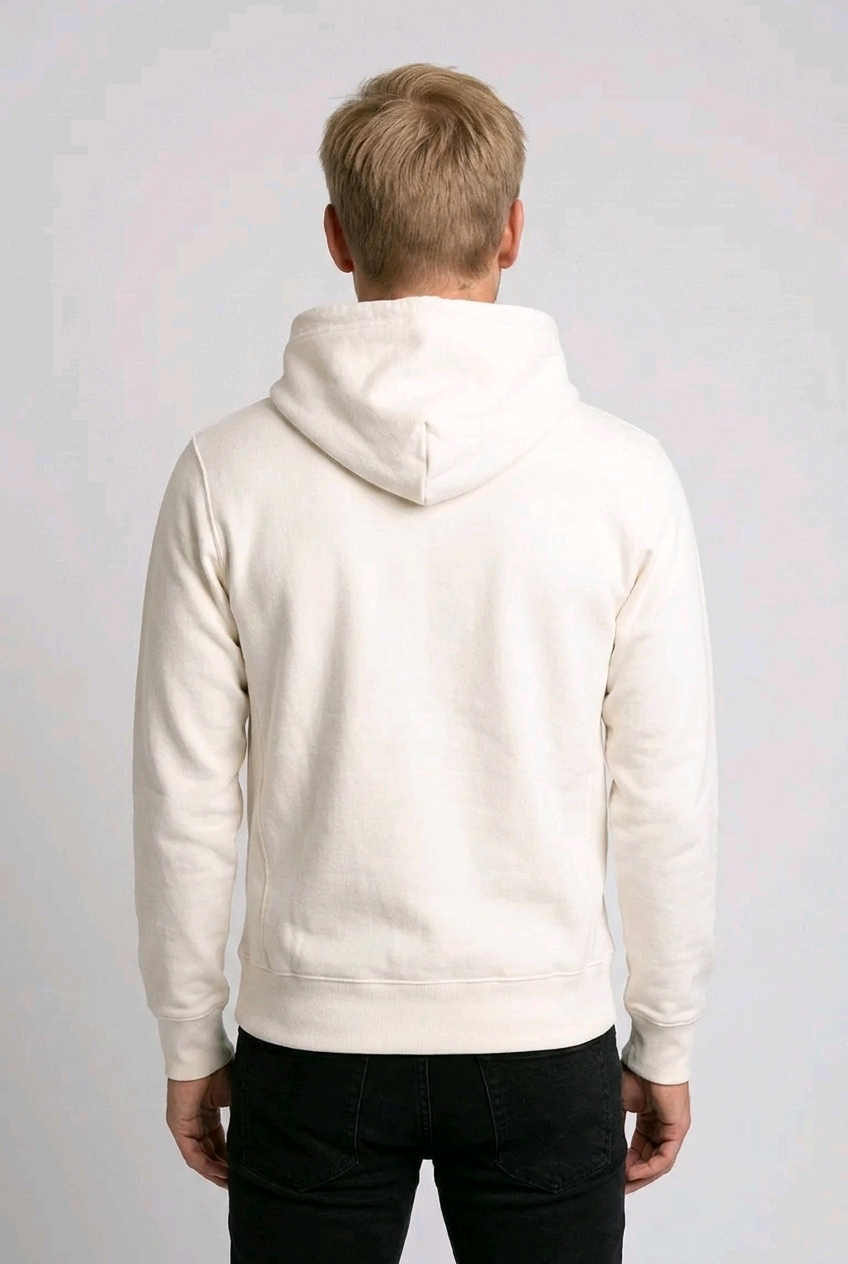 Man wearing white Champion hoodie