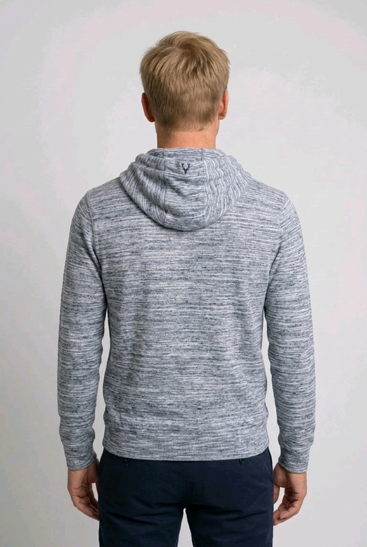 Man wearing a blue marl hoodie from behind 