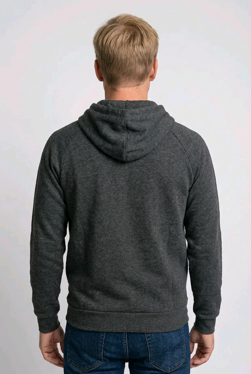 Man wearing a dark gray hoodie from behind 