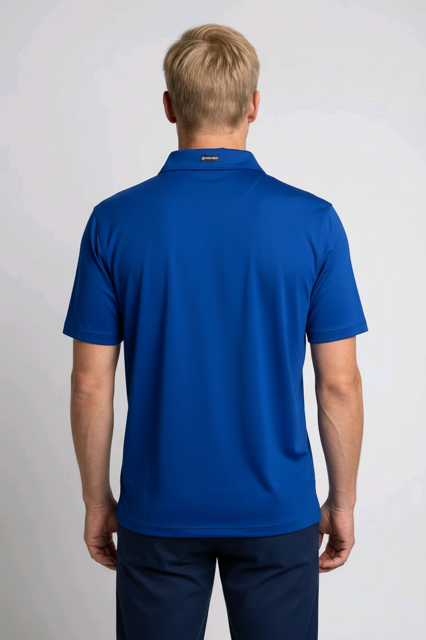 Man wearing a blue polo shirt 