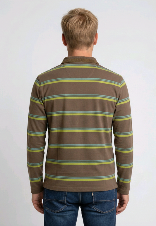 Man wearing a brown and green striped long-sleeve shirt