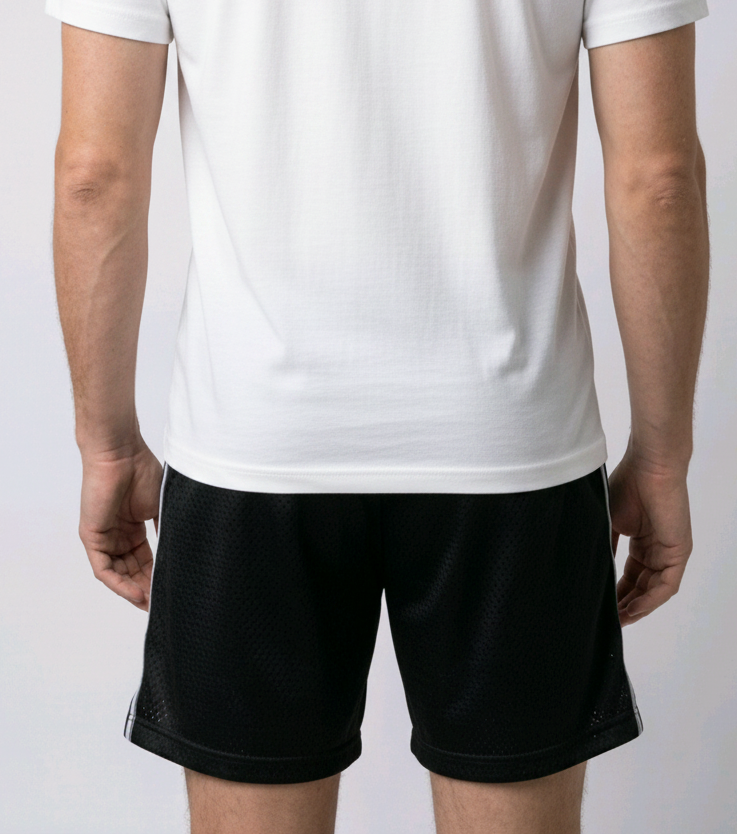 Man wearing black Champion shorts with a white t shirt