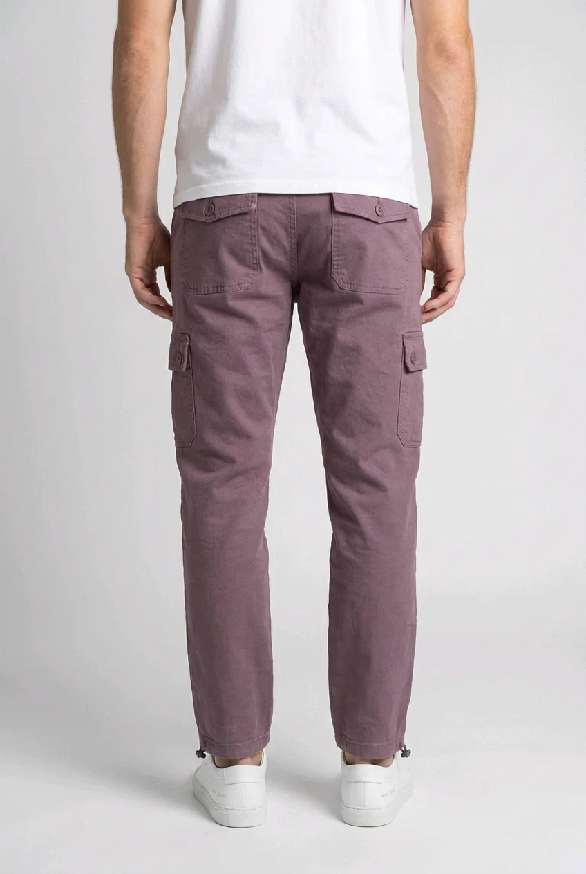 Man wearing purple cargo pants back view
