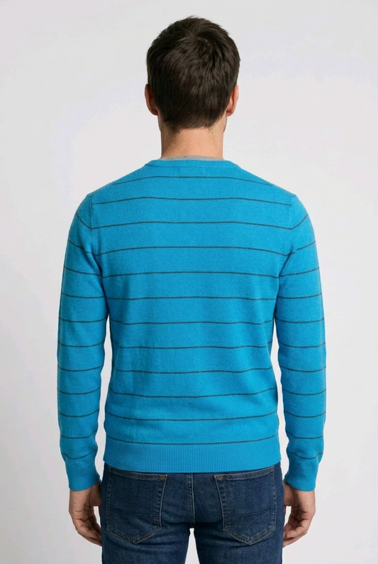 Man wearing a blue striped sweater back view
