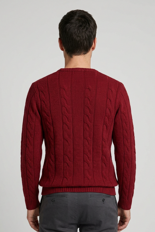 Man wearing a red cable knit sweater 