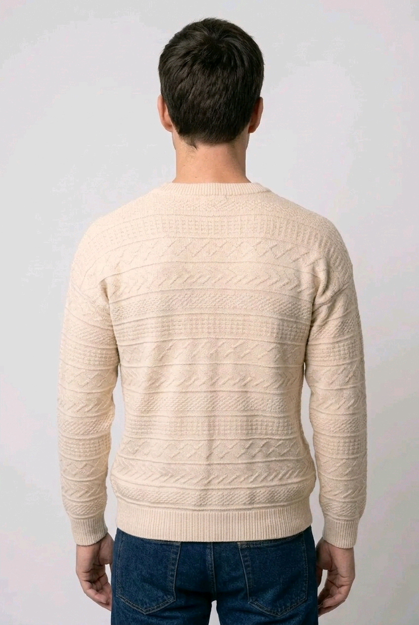 Man wearing a beige patterned jumper back view