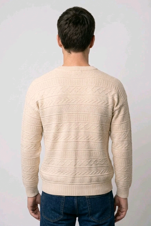 Man wearing a beige patterned jumper back view