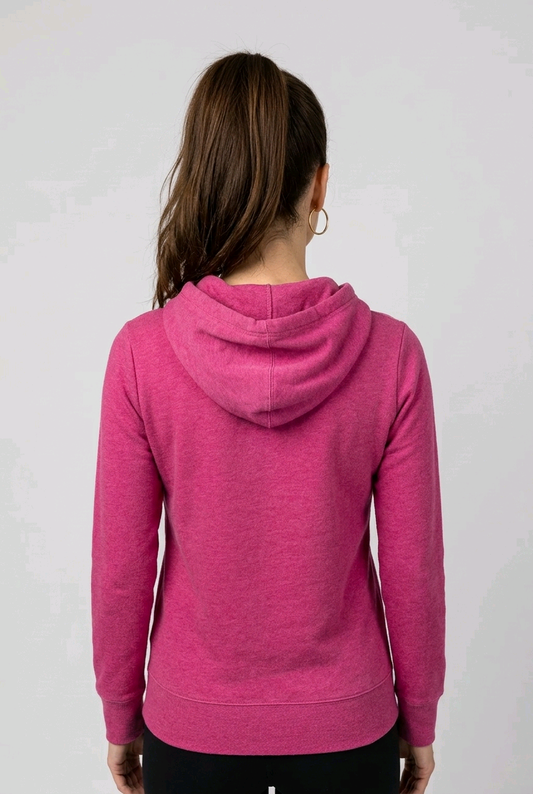 Woman wearing a pink Reebok hoodie from behind 