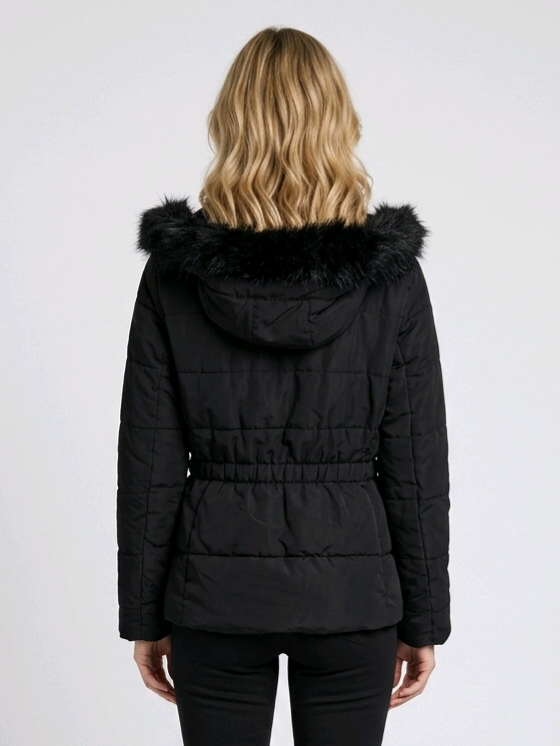 Woman wearing black hooded coat back view