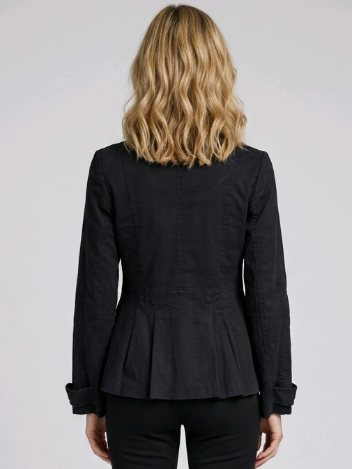 Woman wearing a black peacoat back view