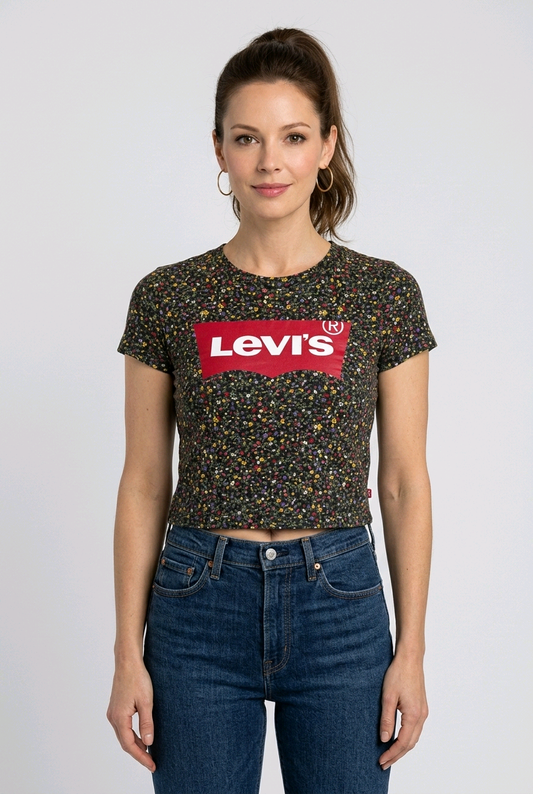 Woman wearing a Levi's t-shirt and jeans