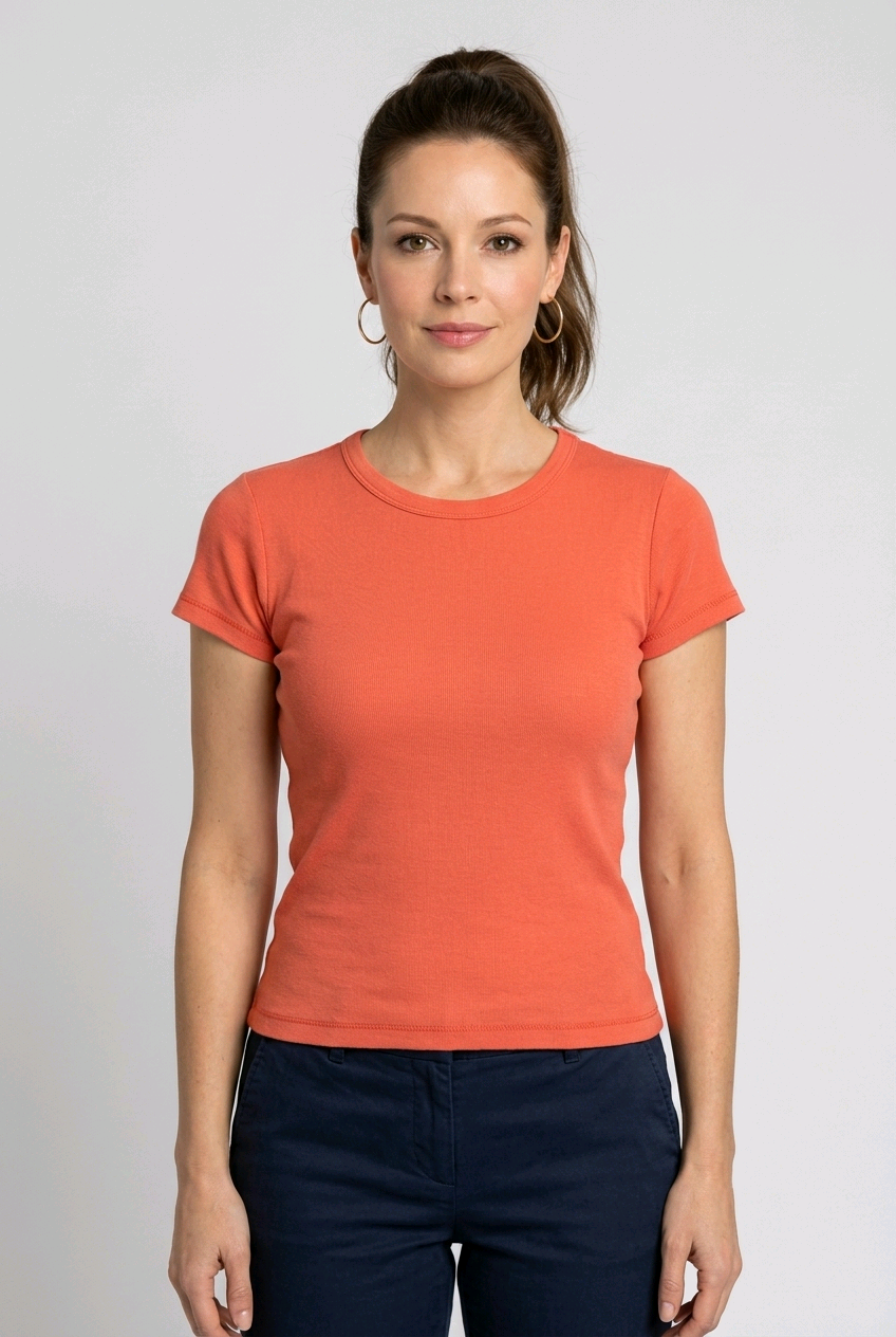 Woman wearing an coral orange t-shirt 