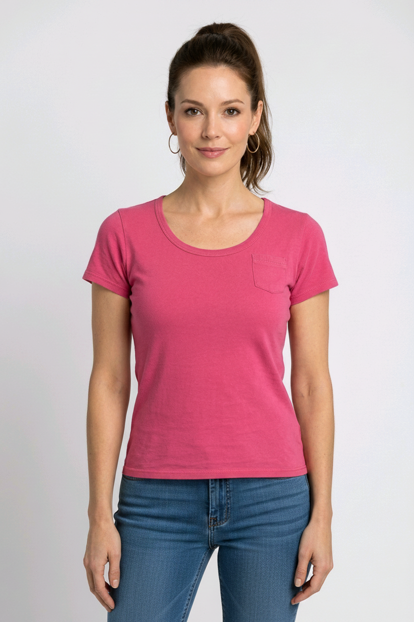 Woman wearing a pink t-shirt and blue jeans 
