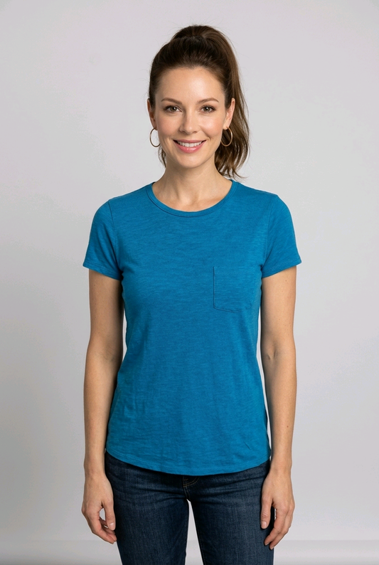 Woman wearing a blue t-shirt 