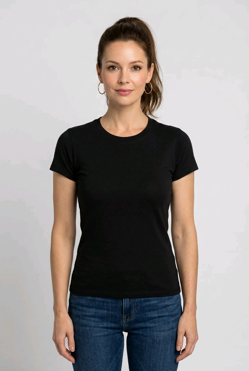 Woman wearing a black t-shirt and blue jeans
