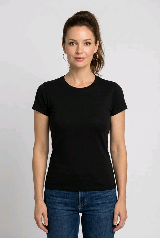 Woman wearing a black t-shirt and blue jeans
