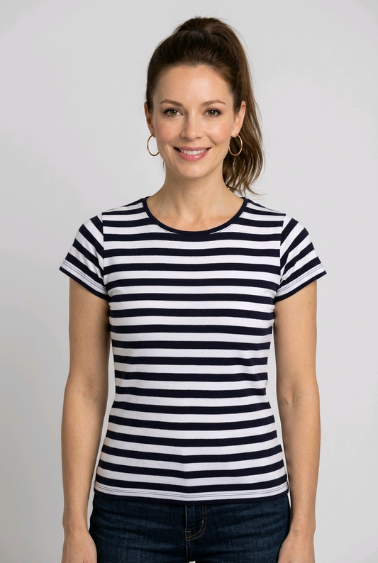 Woman wearing a black and white striped t-shirt 