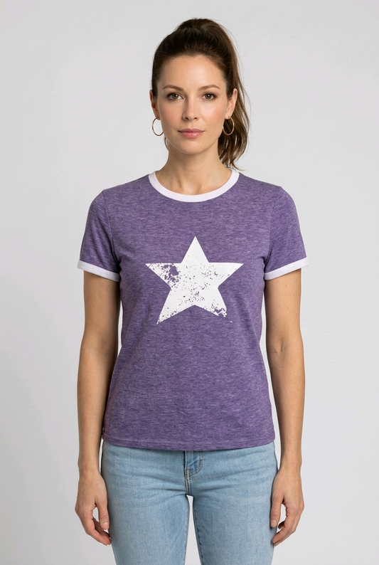 Woman wearing a purple star t shirt