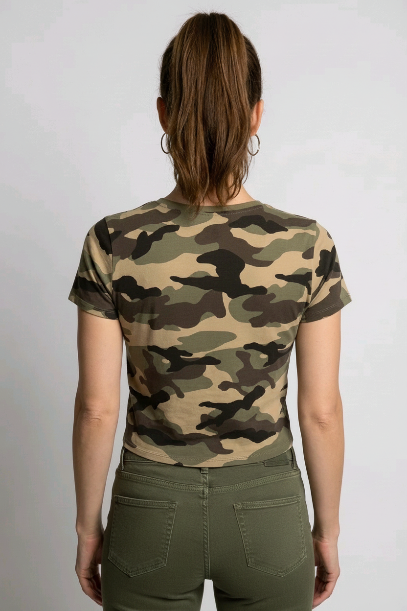 Person wearing a camouflage t-shirt and green jeans back view