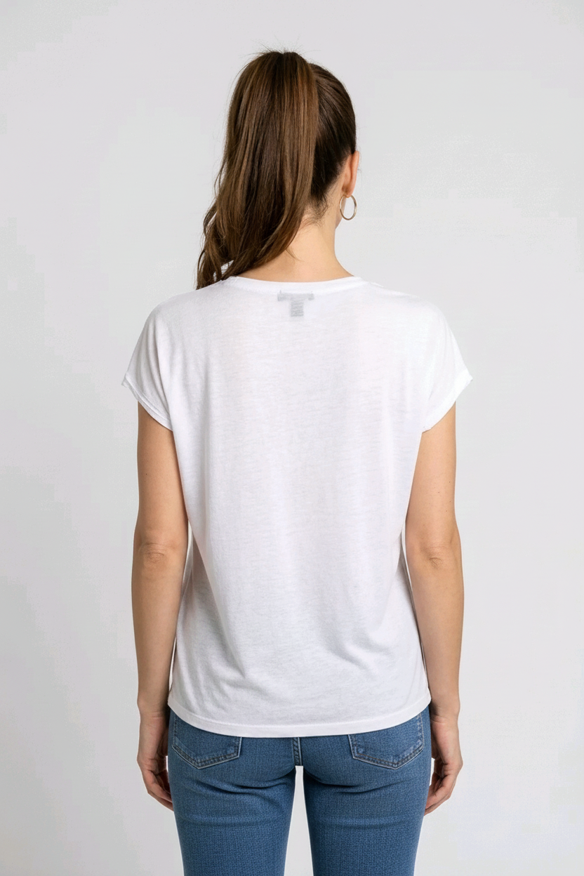 Woman wearing a white t-shirt back view