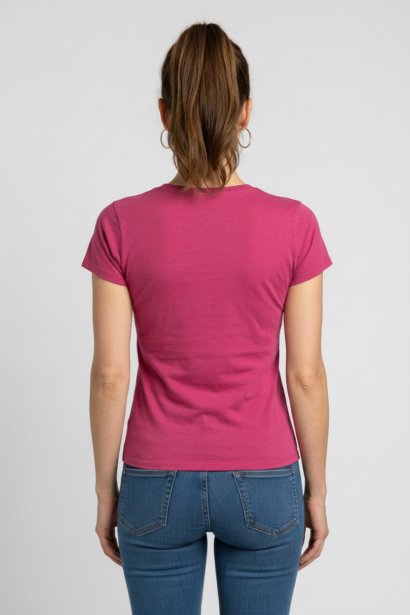 Woman wearing a pink t-shirt back view