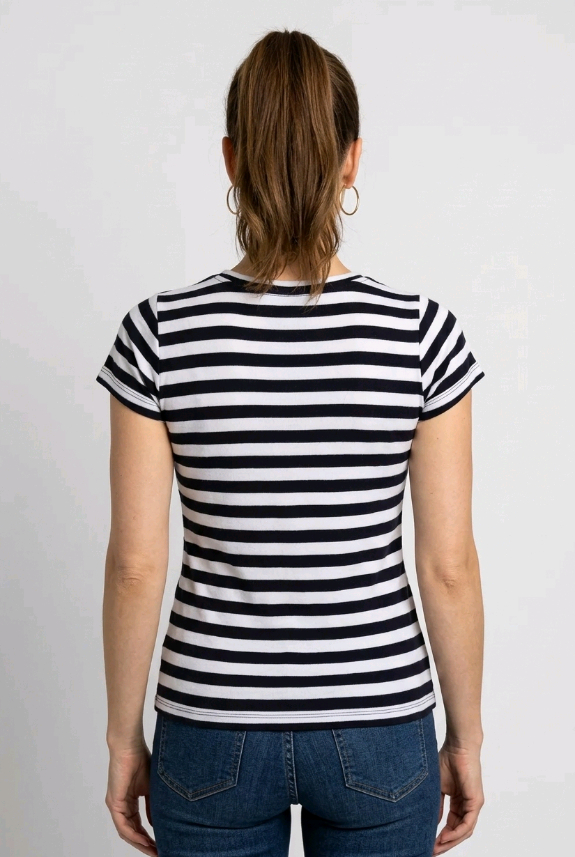 Woman wearing a black and white striped t-shirt back view