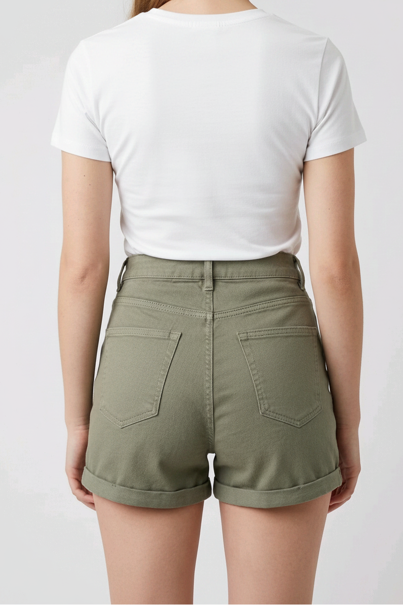 Person wearing a white t-shirt and olive green shorts 