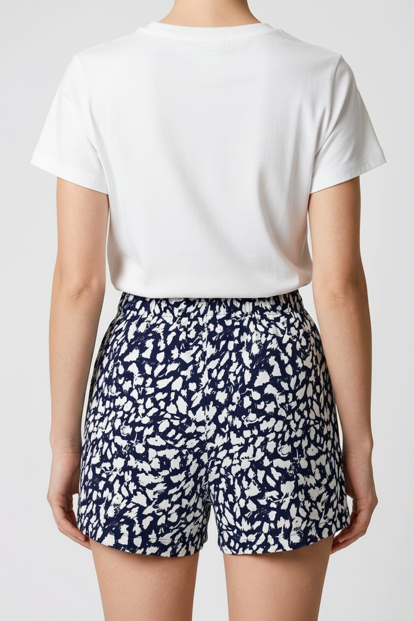 Navy and white patterned shorts back view