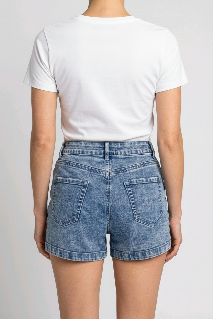 Woman wearing a white t-shirt and denim shorts 