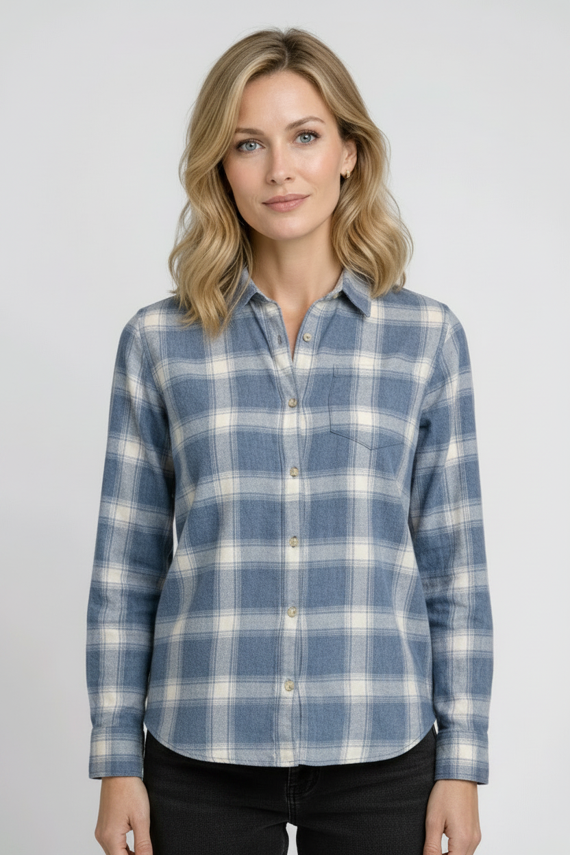 Woman wearing a blue and white plaid shirt 