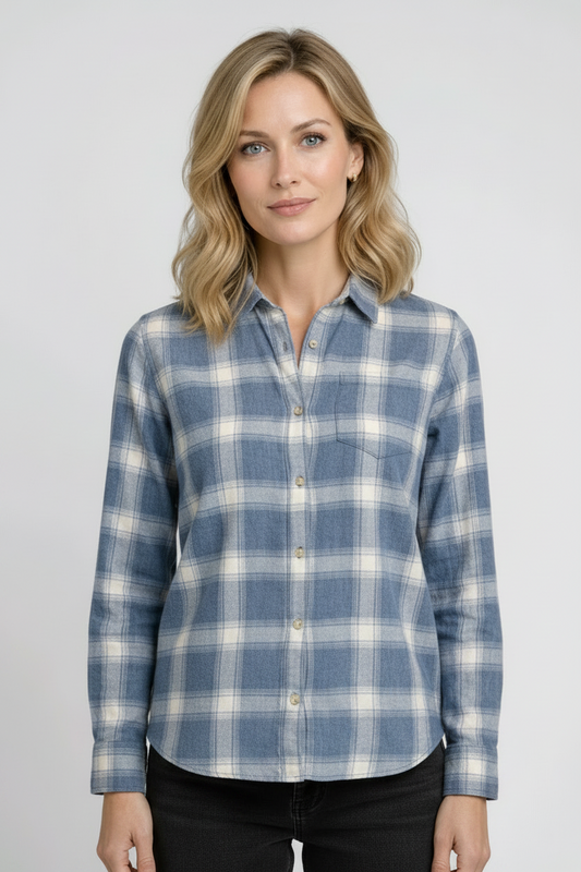Woman wearing a blue and white plaid shirt 